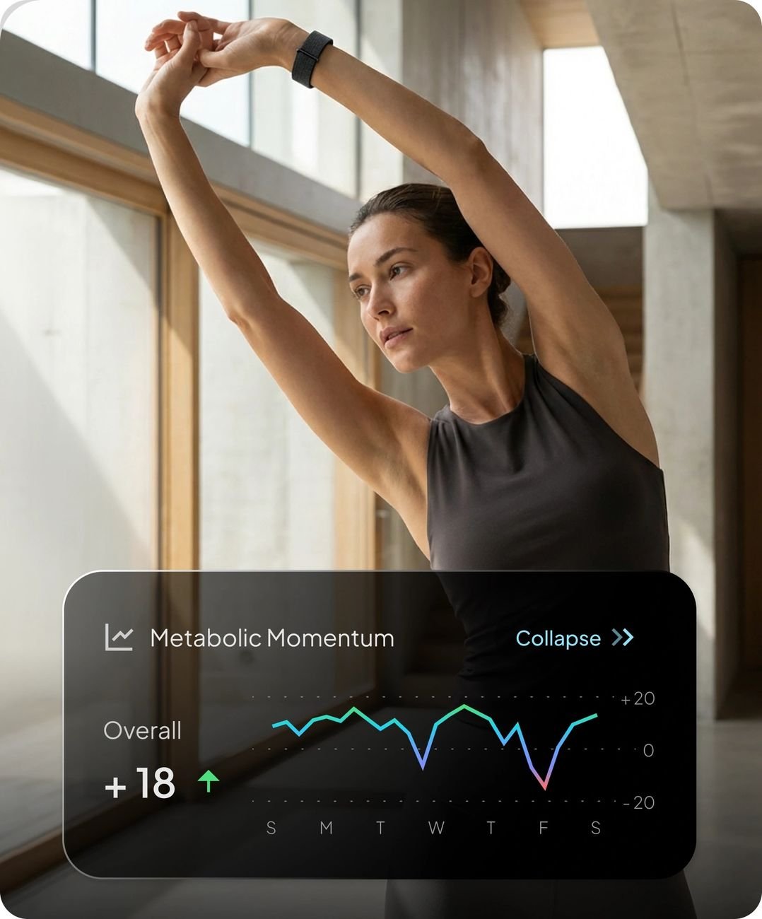 Woman stretching with Hume Band on her wrist, Metabolic Momentum graph displayed