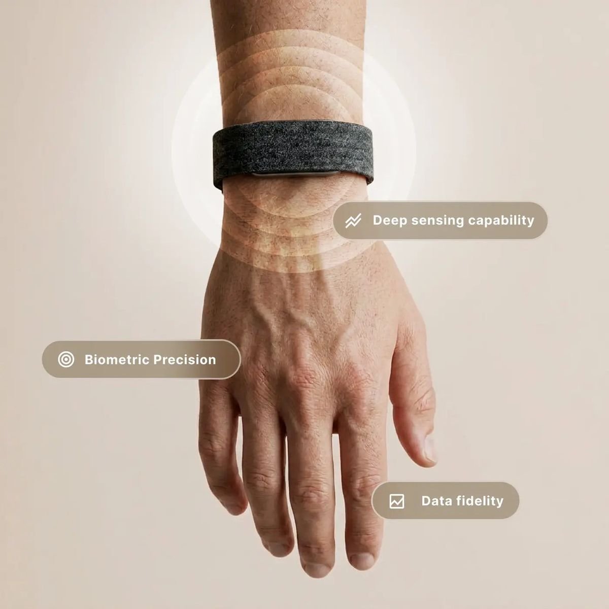Close-up of Hume Band 2.0 on the wrist showing sensor detail