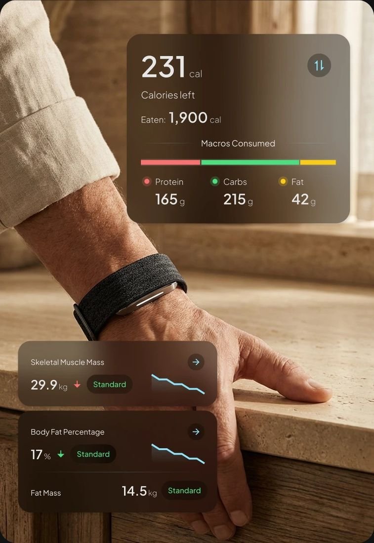 Hume Band 2.0 worn on wrist with companion app open, nutrition data shown