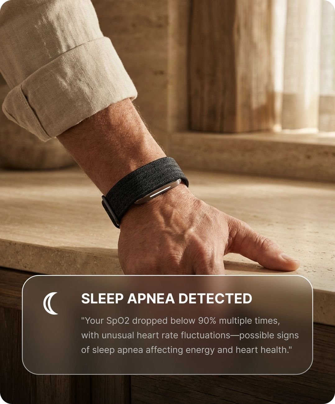 Hume Band worn on wrist flagging a possible sleep apnoea signal in the app