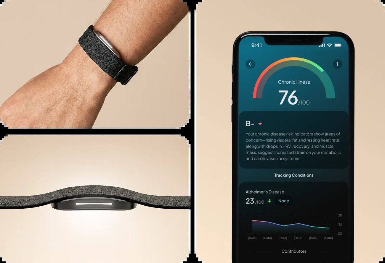 Hume Band worn on wrist beside a phone showing a chronic illness risk score