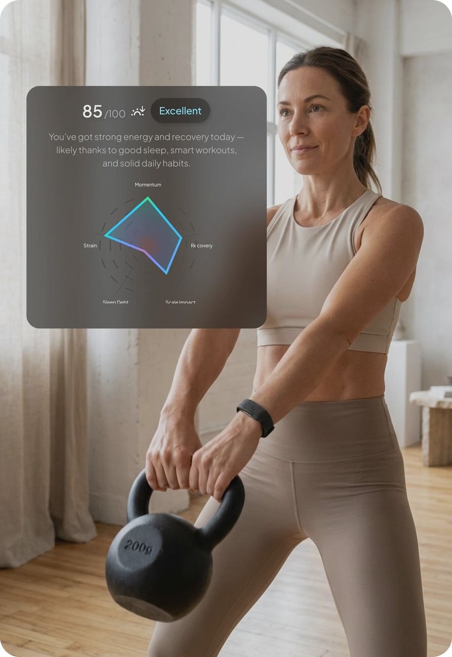 Woman lifting a kettlebell while wearing Hume Band, with a Metabolic Capacity reading shown in the app